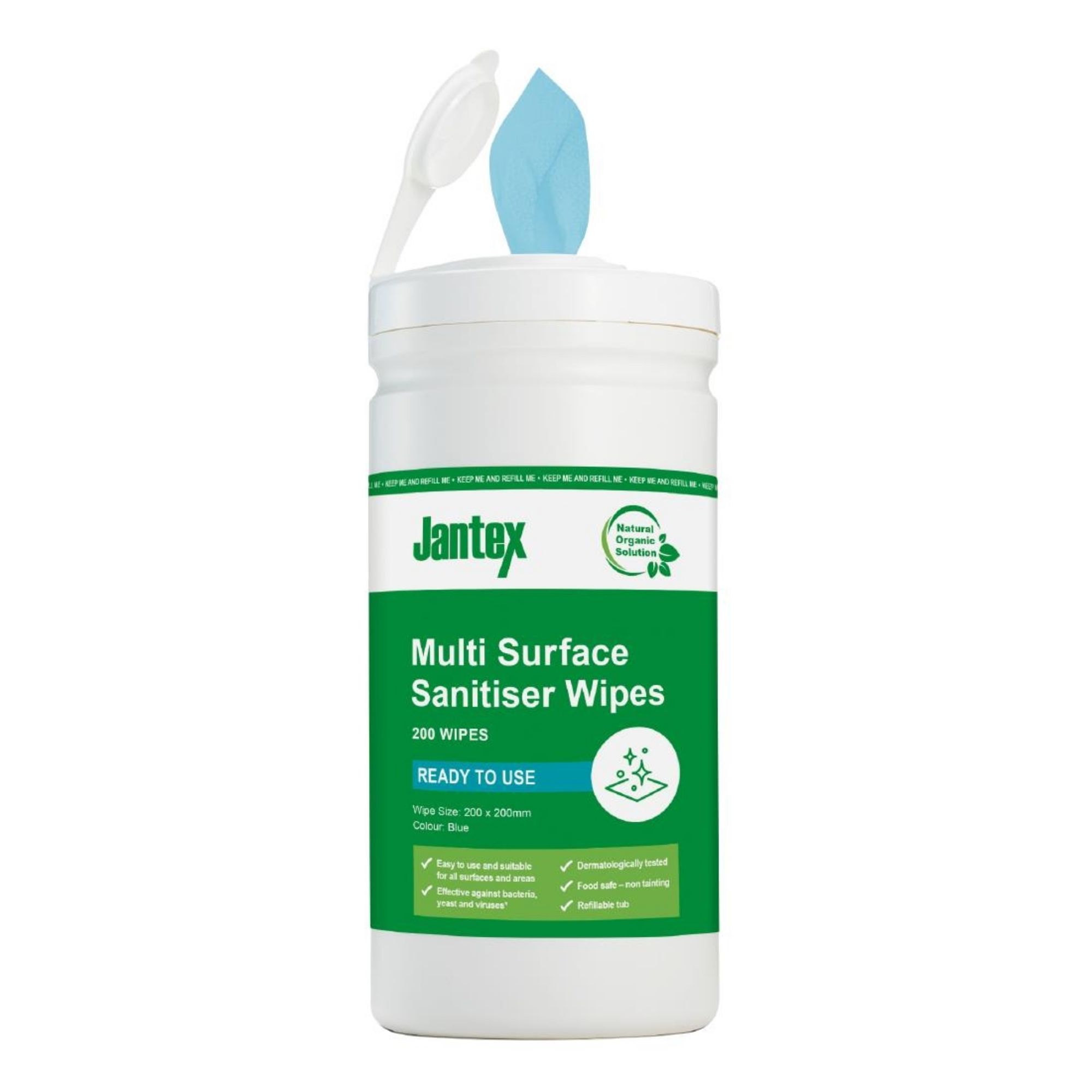 Picture of Jantex Green Surface Sanitiser Wipes Starter Tub 200mm (Pack of 200) - CH650