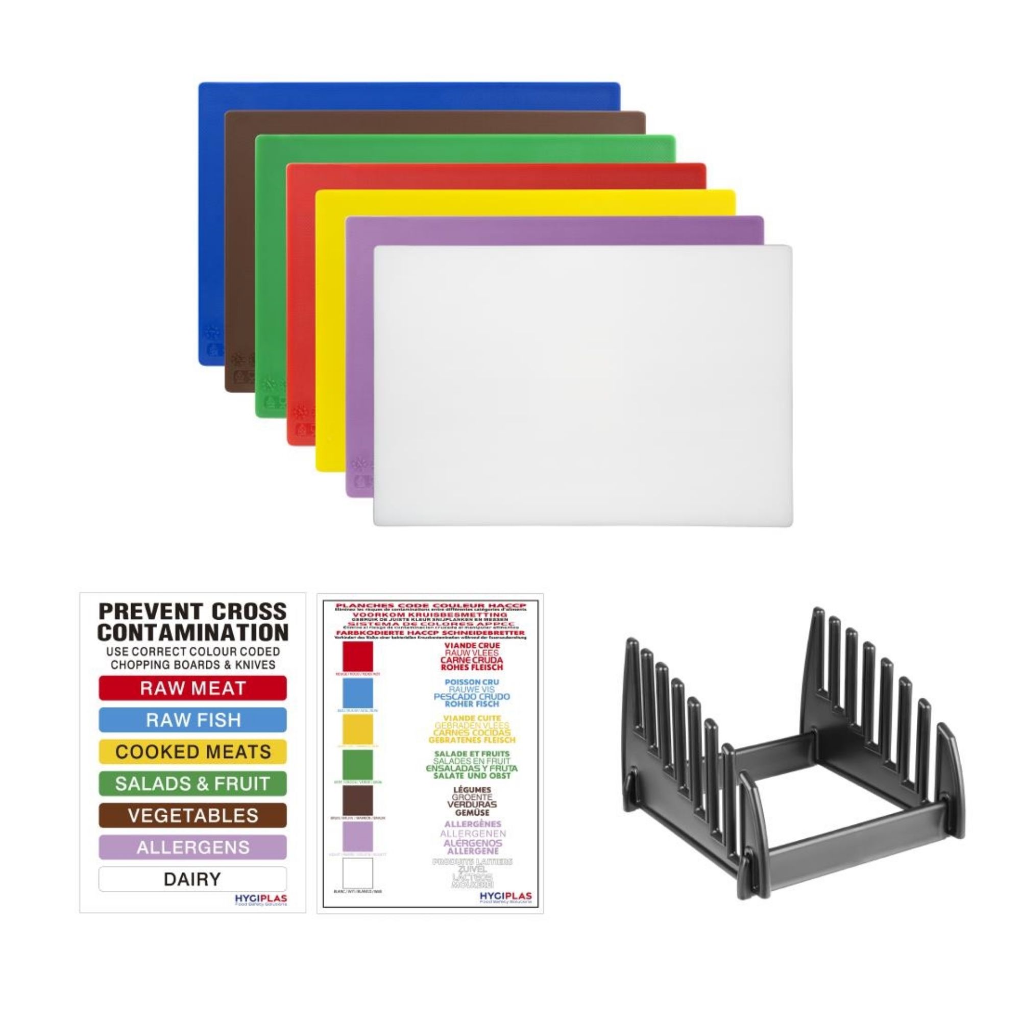 Picture of Hygiplas Low Density Chopping Board Set with Rack 450x300x10mm (Pack of 7) - CH041