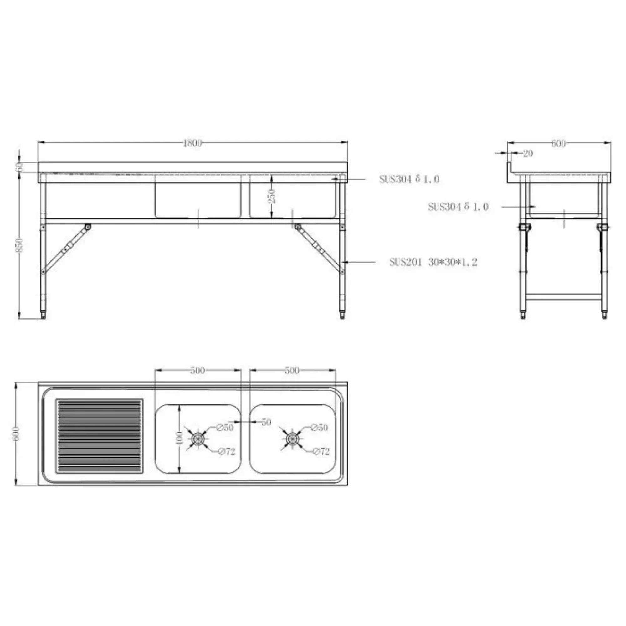 Picture of CombiSteel 600 Fold Down Sink 2 Unit 1800 Right - 7490.0280